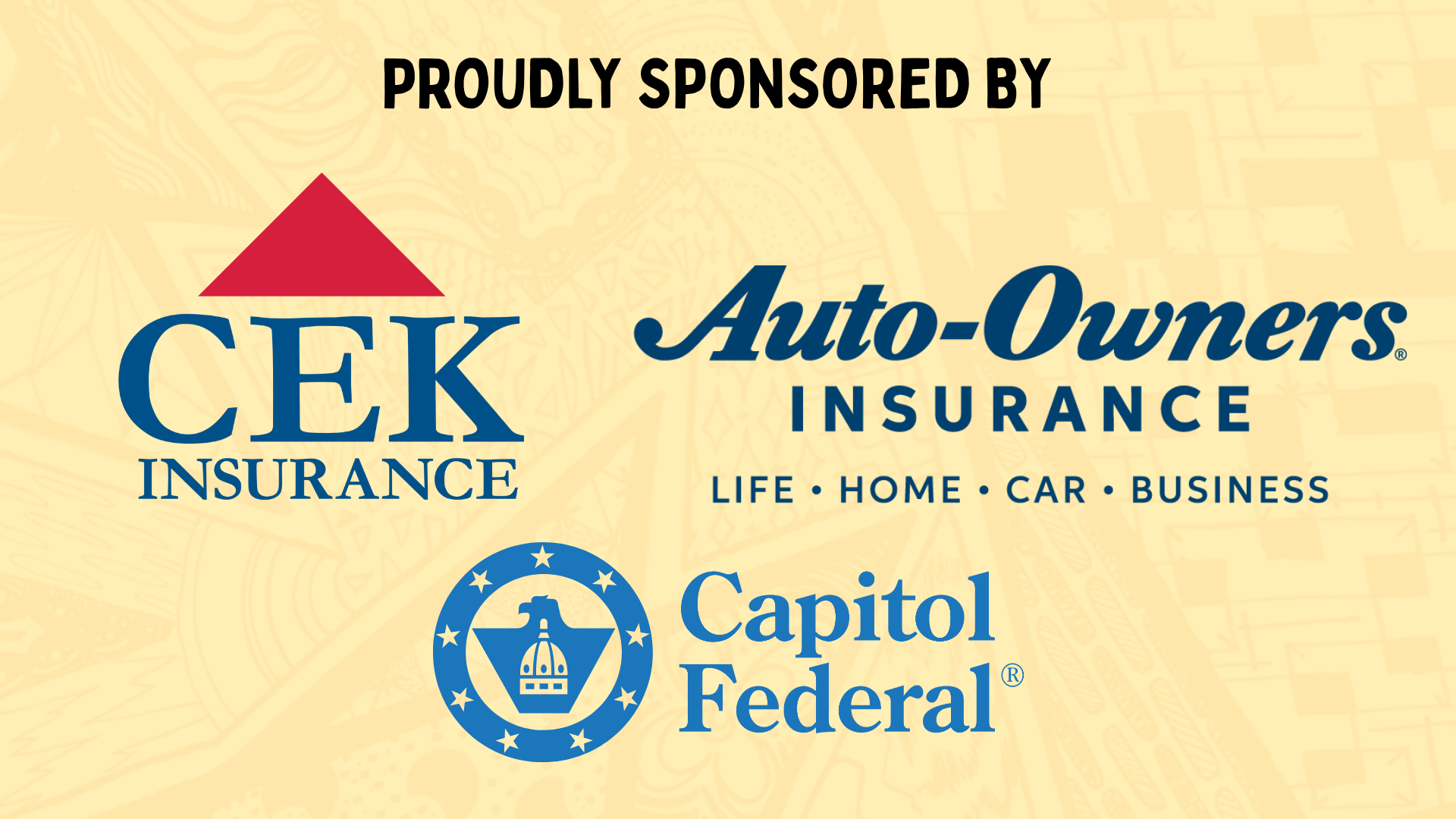 Image featuring logos of May Day Hey Day Sponsors, CEK Insurance, Auto-Owners Insurance, and Capitol Federal, beneath the text "Proudly Sponsored by:"